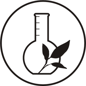 A black and white icon of a round-bottom flask with a leafy plant inside, enclosed in a circle, symbolizing a blend of science and nature.