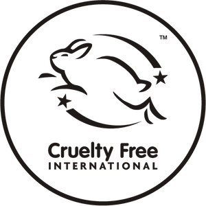 A black and white logo showing a leaping rabbit with two stars, encircled by a thin line. Below, the text reads Cruelty Free International.