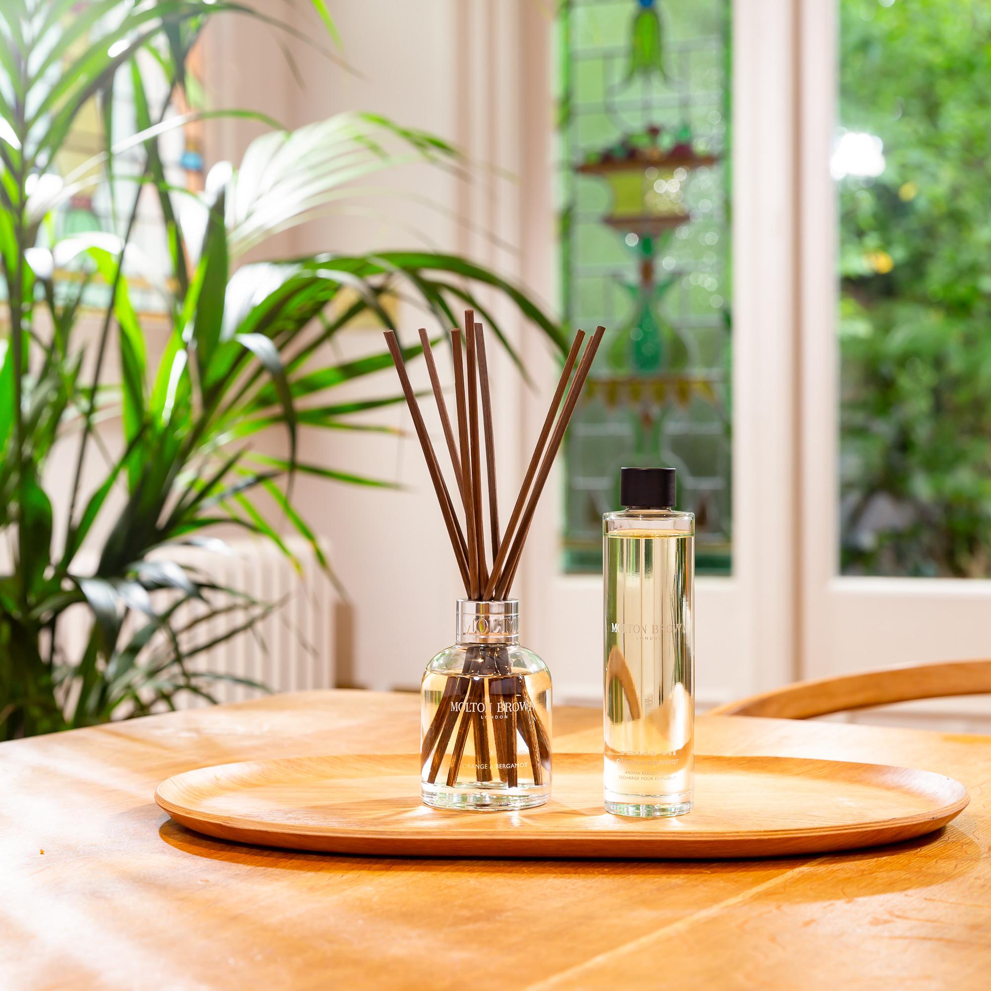The MoltonBrown Nederlands Orange & Bergamot Geurstokjes Navulling 150ml stands on a wooden tray in sunlight, surrounded by green plants—een frisse en duurzame keuze voor elk interieur.