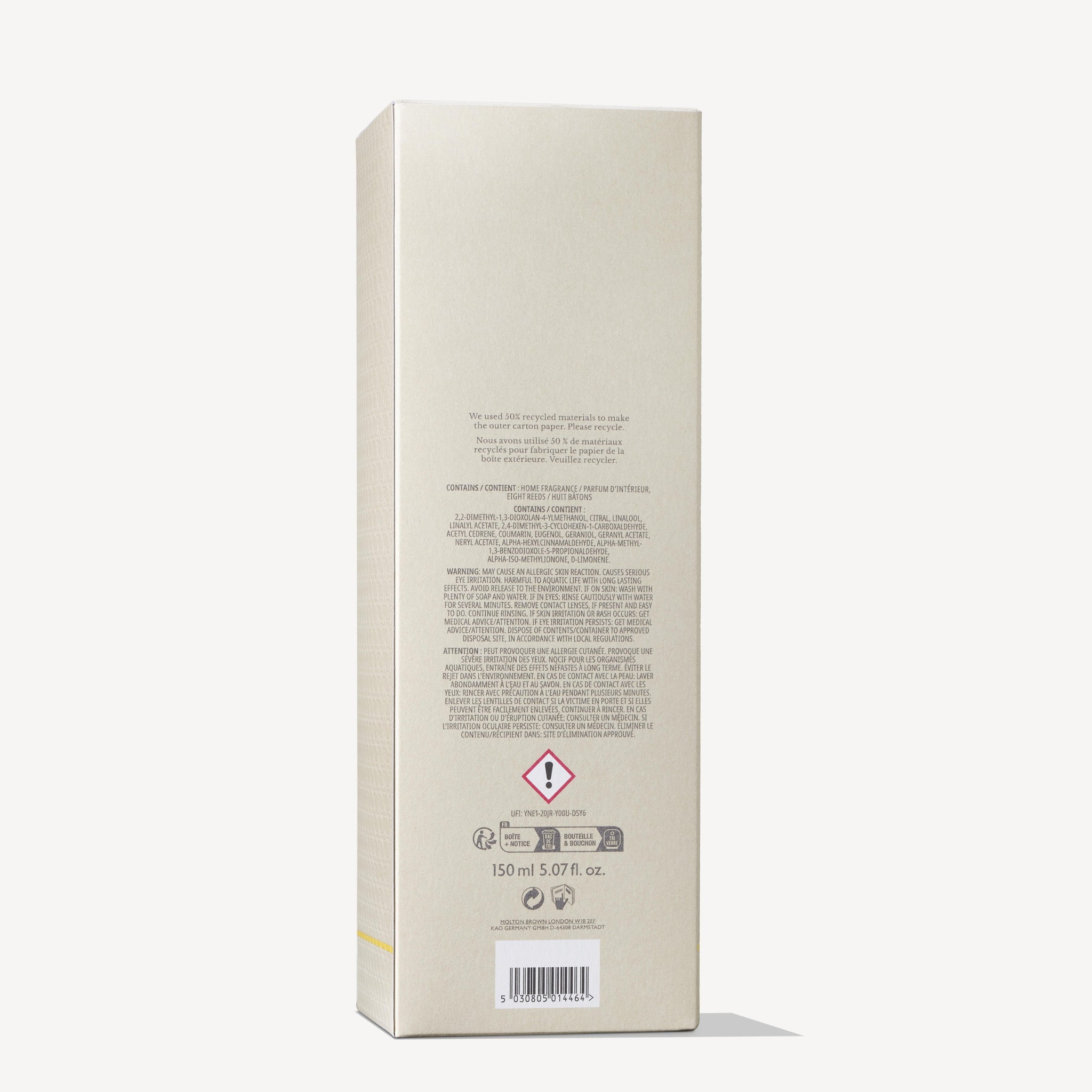 The image shows the back of a beige MoltonBrown Nederlands "test 2 Orange & Bergamot Geurstokjes 150ml (Copy)" box with printed text, safety and recycling symbols, a hazard symbol, and a fresh citrus scent of Orange & Bergamot.