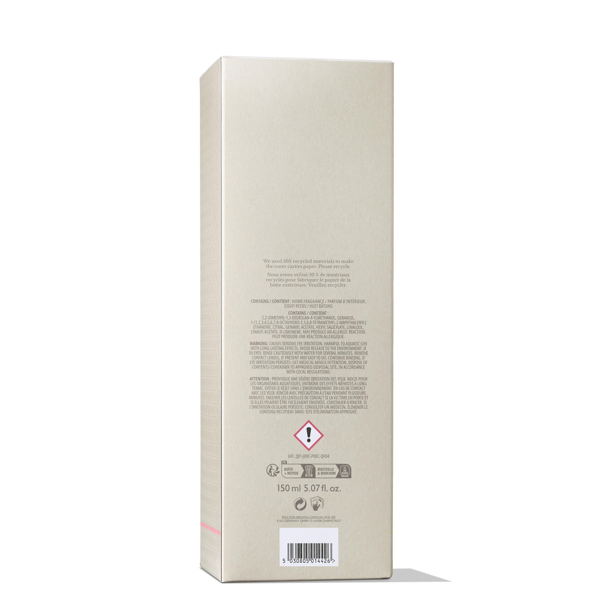 The image shows the back of a rectangular beige box for MoltonBrown Nederlands test 3 Delicious Rhubarb & Rose Geurstokjes 150ml, with small text, hazard and recycling symbols—perfect for a bloemig-fruitige geur in your interieur.