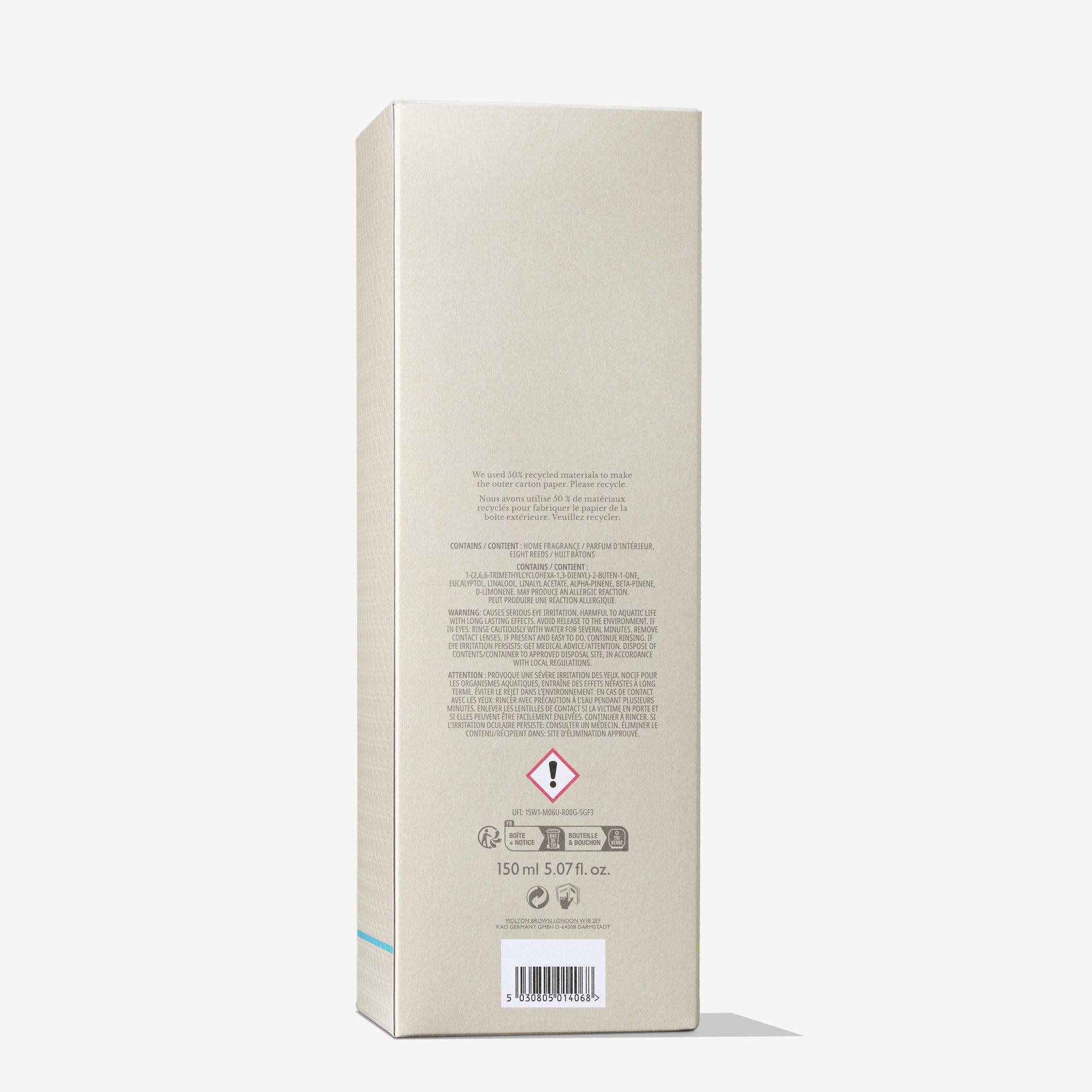 A beige, rectangular MoltonBrown Nederlands box stands upright, showing the back with small text, a hazard symbol, and volume details of 150ml. The packaging suggests notes of Coastal Cypress & Sea Fennel Geurstokjes against a plain white background.