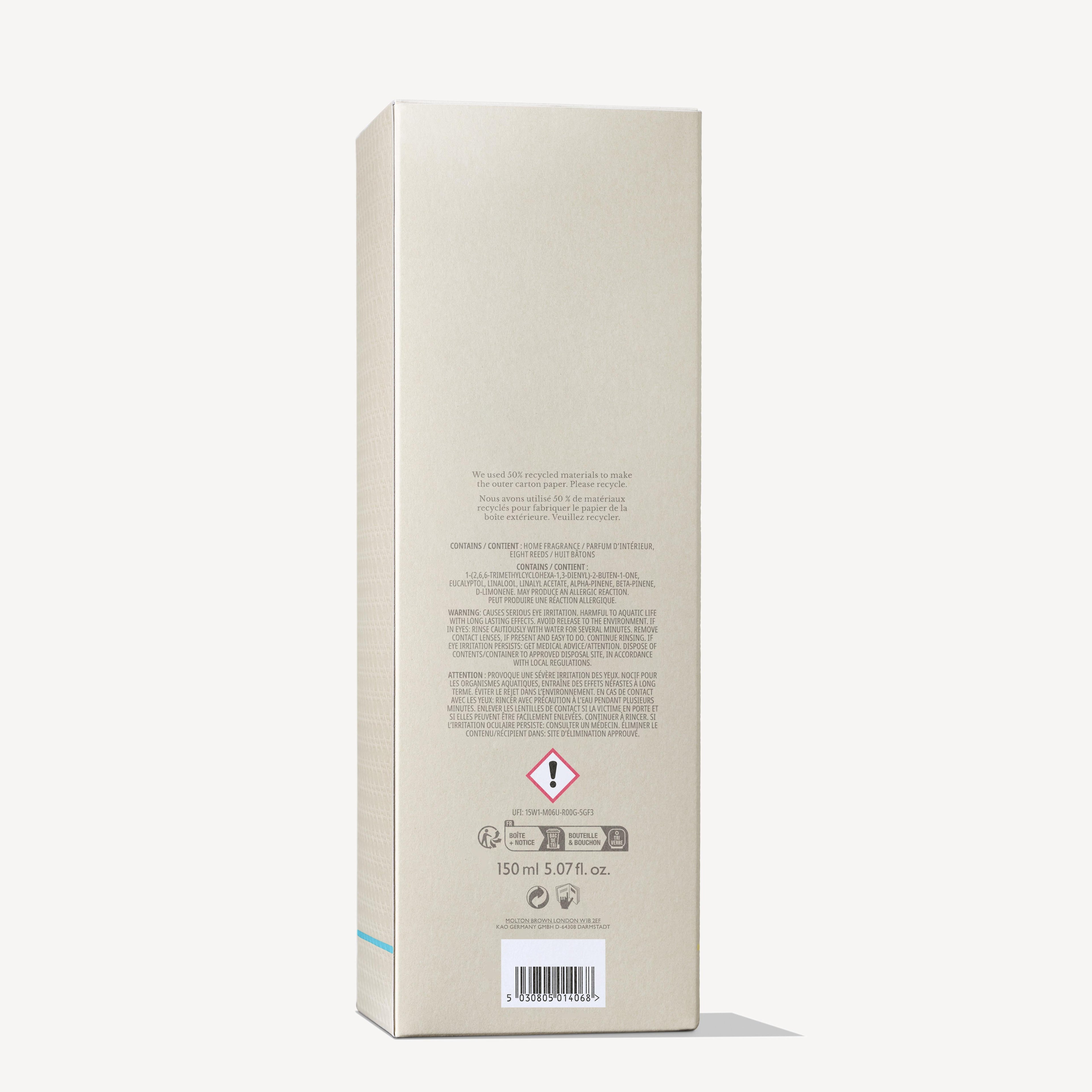A beige, rectangular MoltonBrown Nederlands box stands upright, showing the back with small text, a hazard symbol, and volume details of 150ml. The packaging suggests notes of Coastal Cypress & Sea Fennel Geurstokjes against a plain white background.