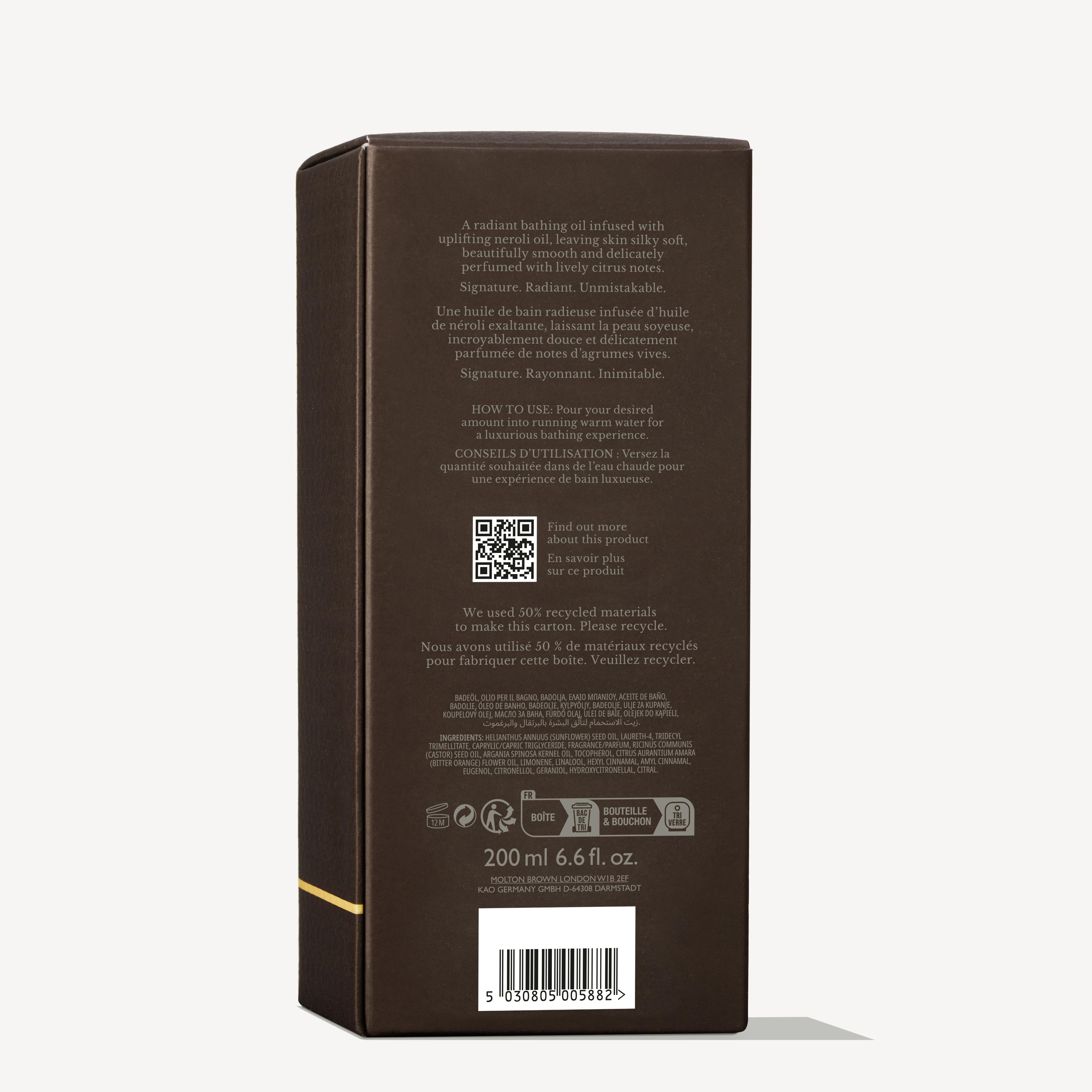 A brown rectangular box with gold accents, labeled MoltonBrown Nederlands Orange & Bergamot Radiant Bathing Oil 200ml, features text instructions, a QR code, and recycling symbols on the back.