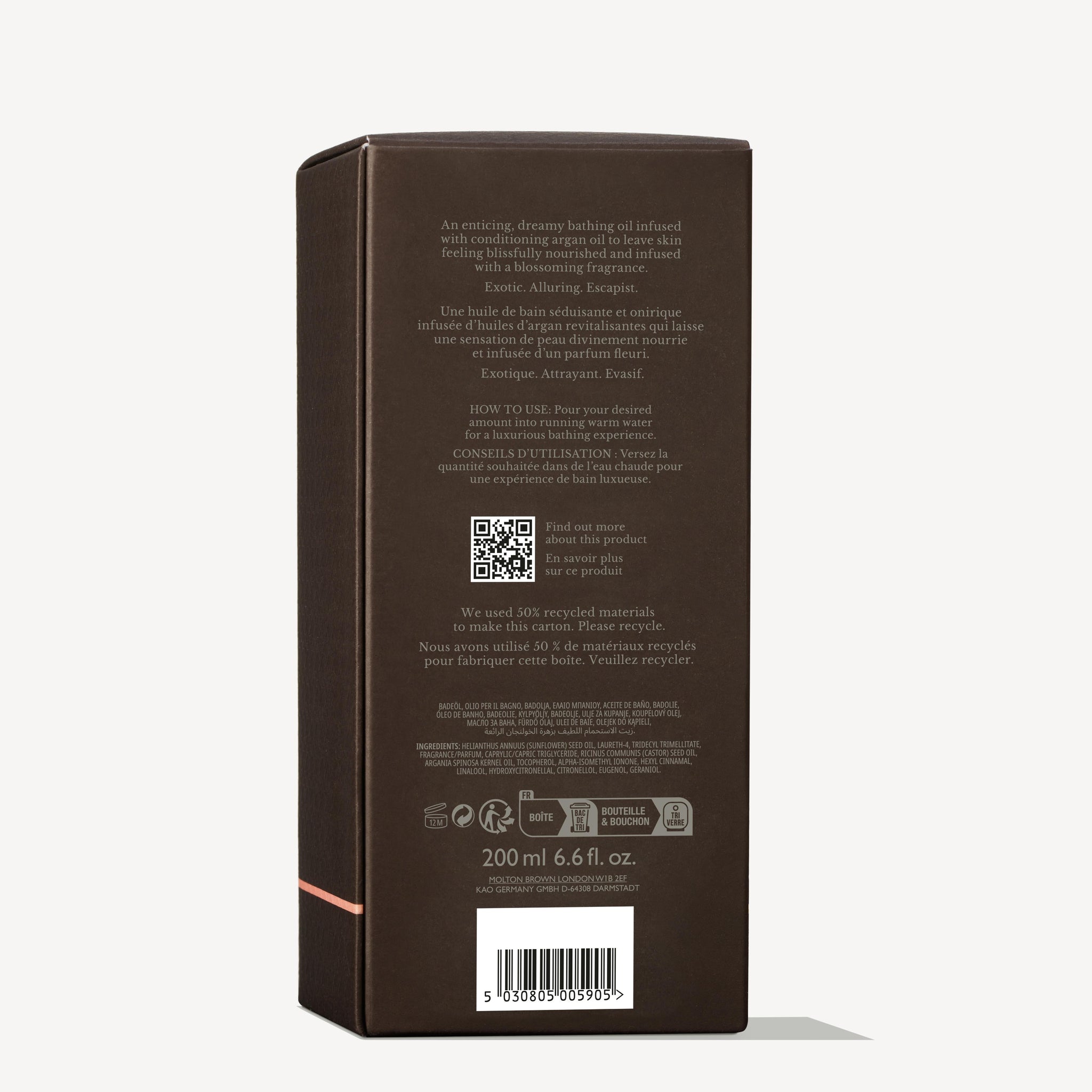 A brown rectangular box for MoltonBrown Nederlands Heavenly Gingerlily Caressing Bathing Oil 200ml displays product info, usage directions, and a QR code in English and French, states use of recycled materials, and notes the volume as 200 ml (6.6 fl. oz.).