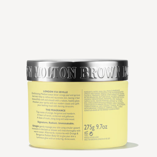 MoltonBrown Nederlands Orange & Bergamot Radiant Body Polisher 275g comes in a yellow container with black text and features suikerkorrels to exfoliate and refresh, leaving skin infused with vibrant Oranje & Bergamot notes.