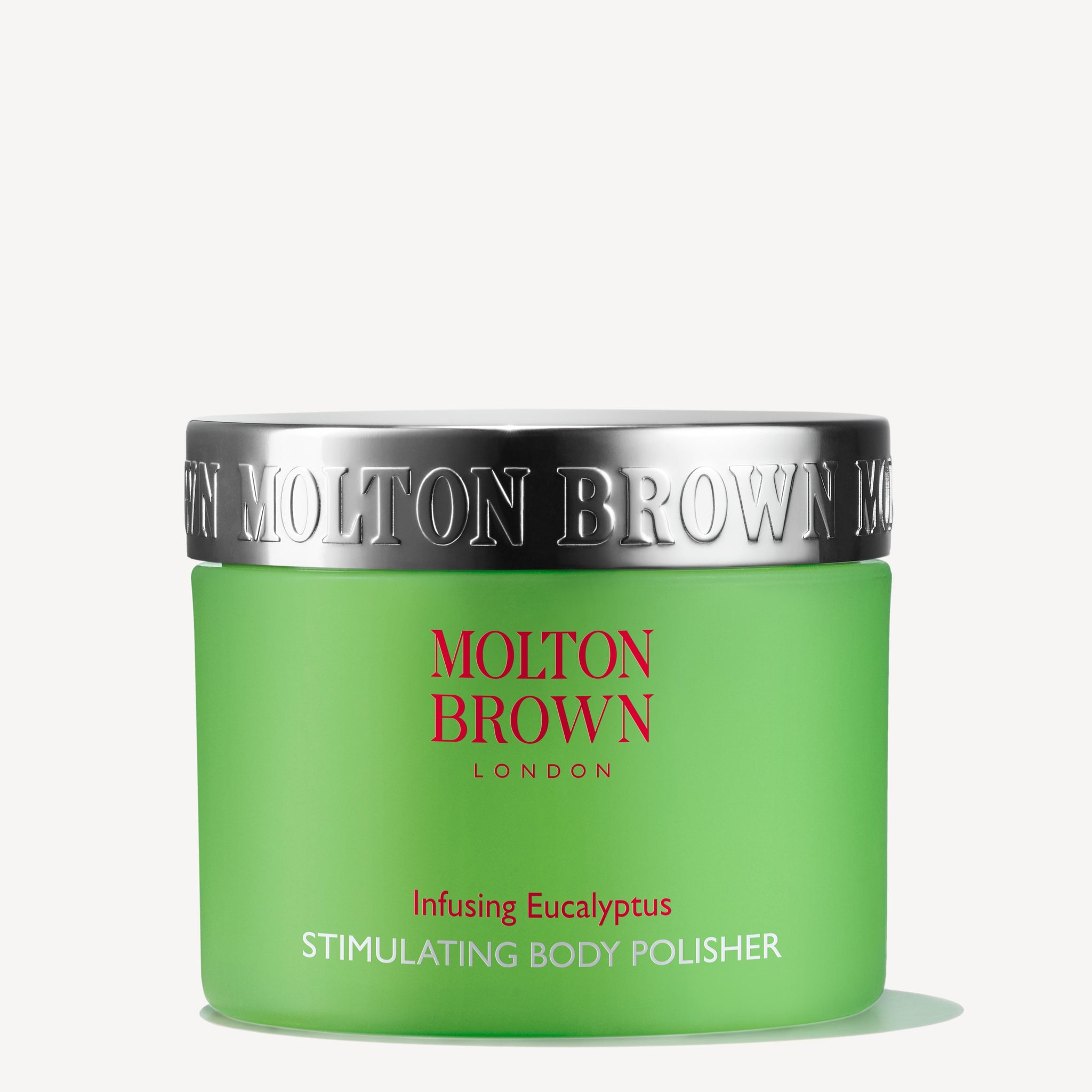A green jar of MoltonBrown Nederlands Infusing Eucalyptus Stimulating Body Polisher 275g features a silver lid, red and white text, invigorating jojoba korrels, and a refreshing woody-citrus scent.