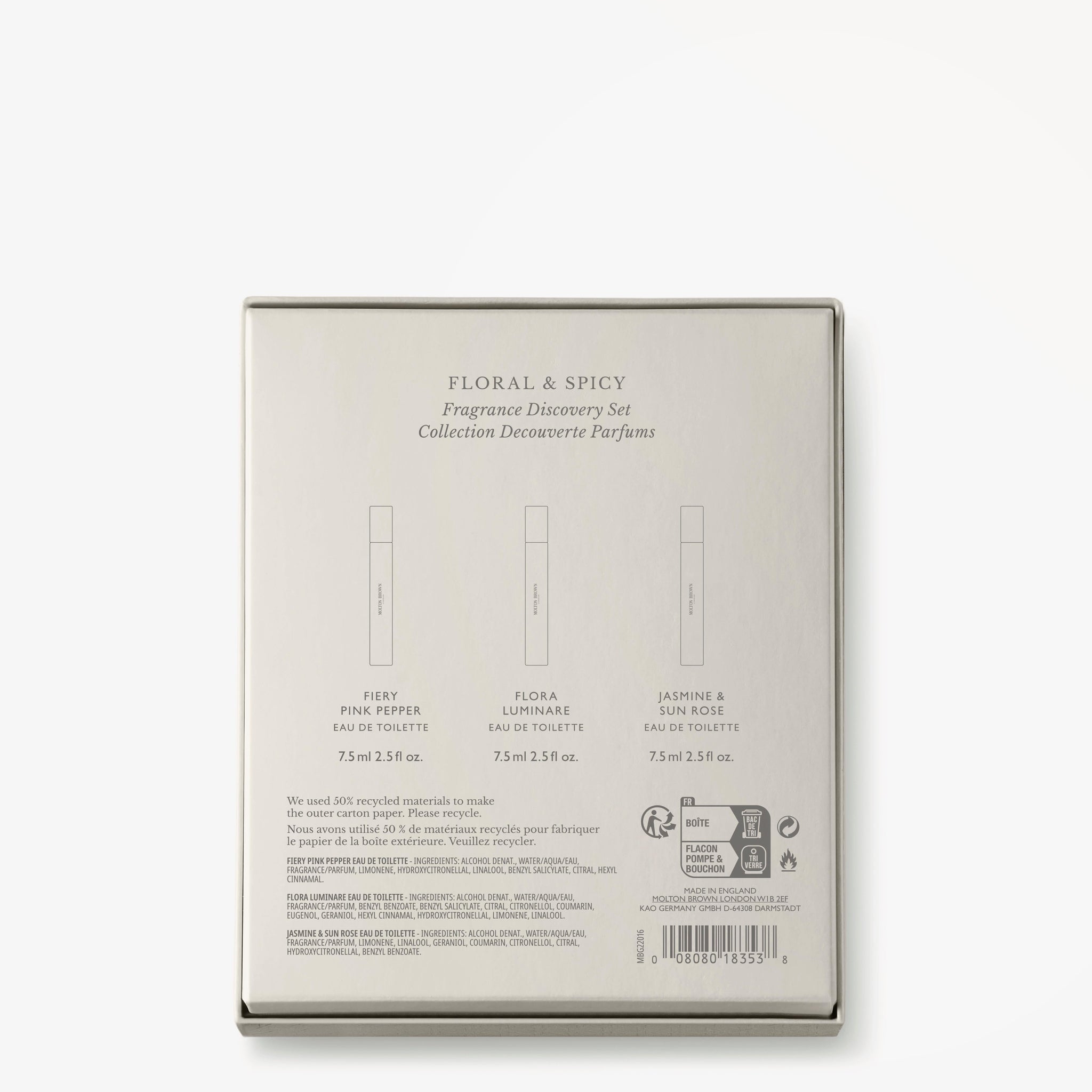 The back of the MoltonBrown Nederlands Floral & Spicy Fragrance Ontdekkingsset box shows three 7.5 ml bottles—Fiery Pink Pepper, Flora Luminare, Jasmine & Sun Rose—outlined and labeled, with text and icons displayed below.