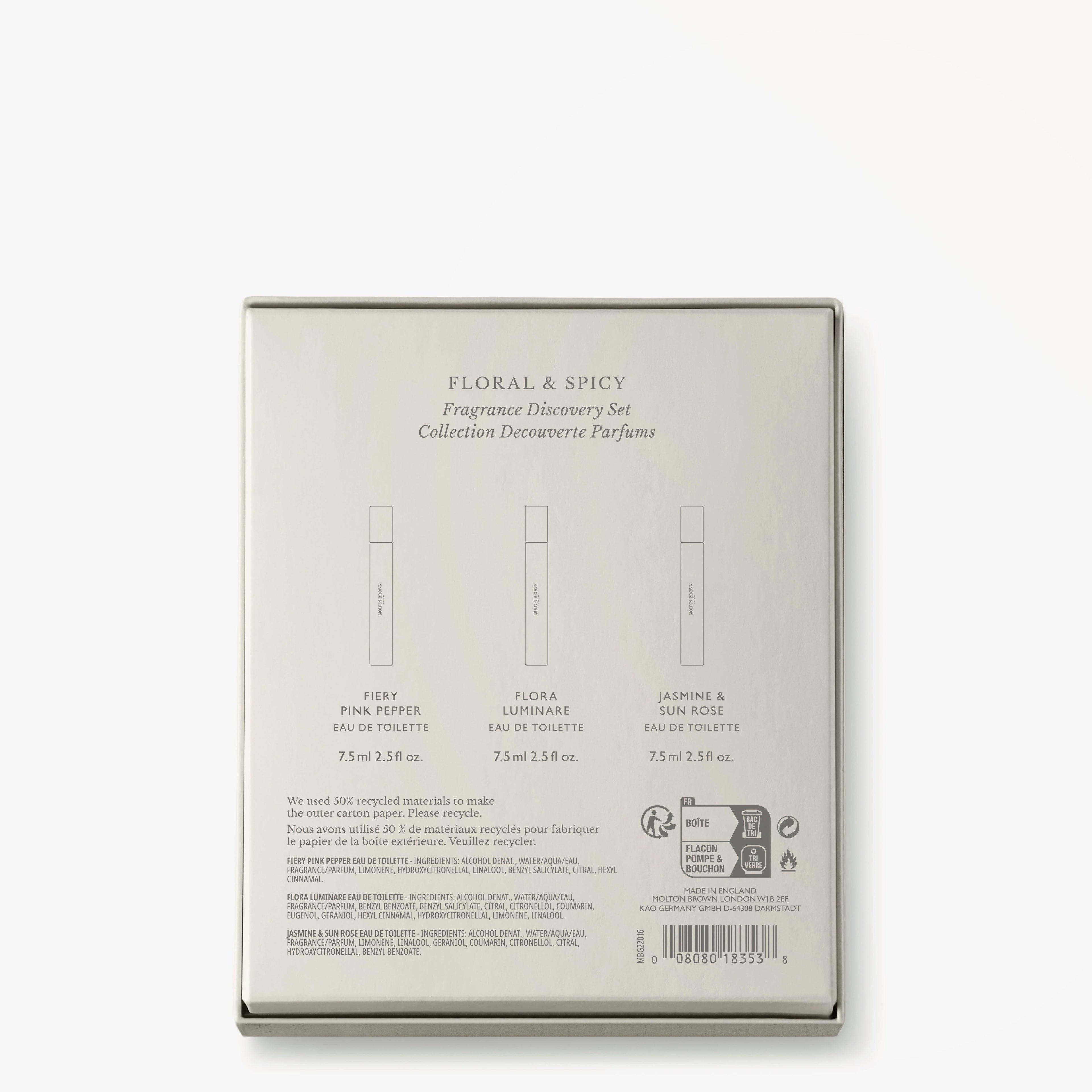 The back of the MoltonBrown Nederlands Floral & Spicy Fragrance Ontdekkingsset box shows three 7.5 ml bottles—Fiery Pink Pepper, Flora Luminare, Jasmine & Sun Rose—outlined and labeled, with text and icons displayed below.
