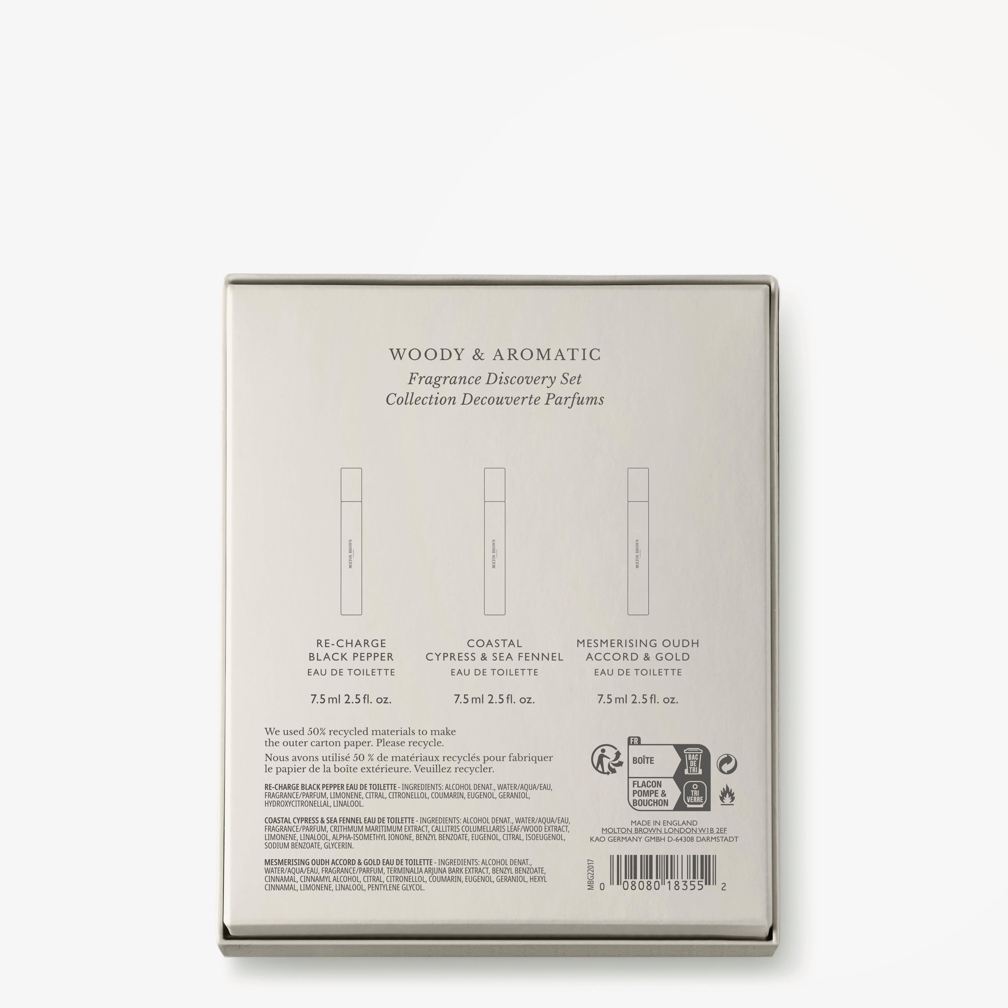 Back of MoltonBrown Nederlands Aromatic & Ambery Fragrance Ontdekkingsset box with three 7.5ml eau de toilettes: Re-charge Black Pepper, Coastal Cypress & Sea Fennel, and Mesmerising Oudh Accord & Gold.
