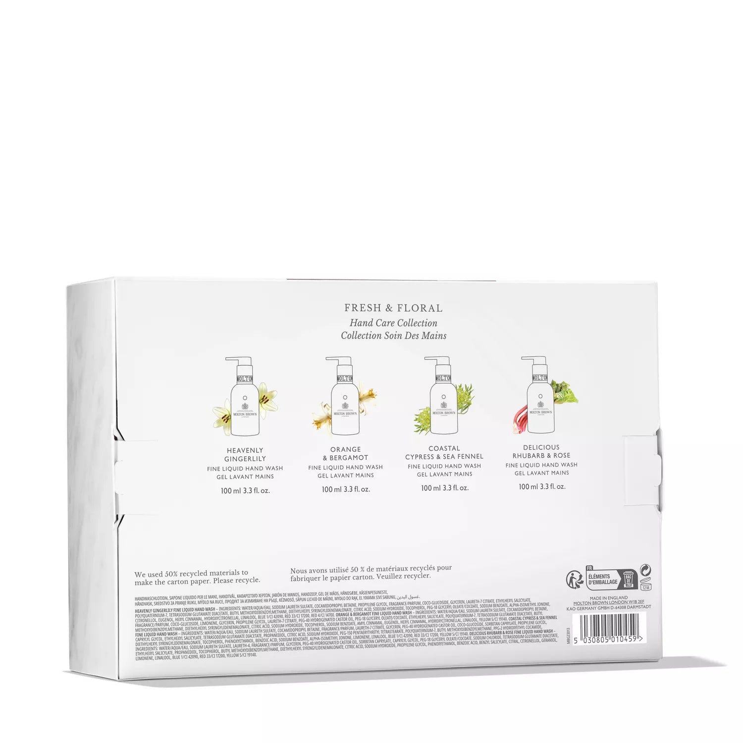 The back of a white box shows four MoltonBrown Nederlands Fresh & Floral Hand Verzorgingscollectie handzeep bottles in Heirloom Gardenia, Orange & Bergamot, Coastal Cypress & Sea Fennel, and Rhubarb & Rose scents.