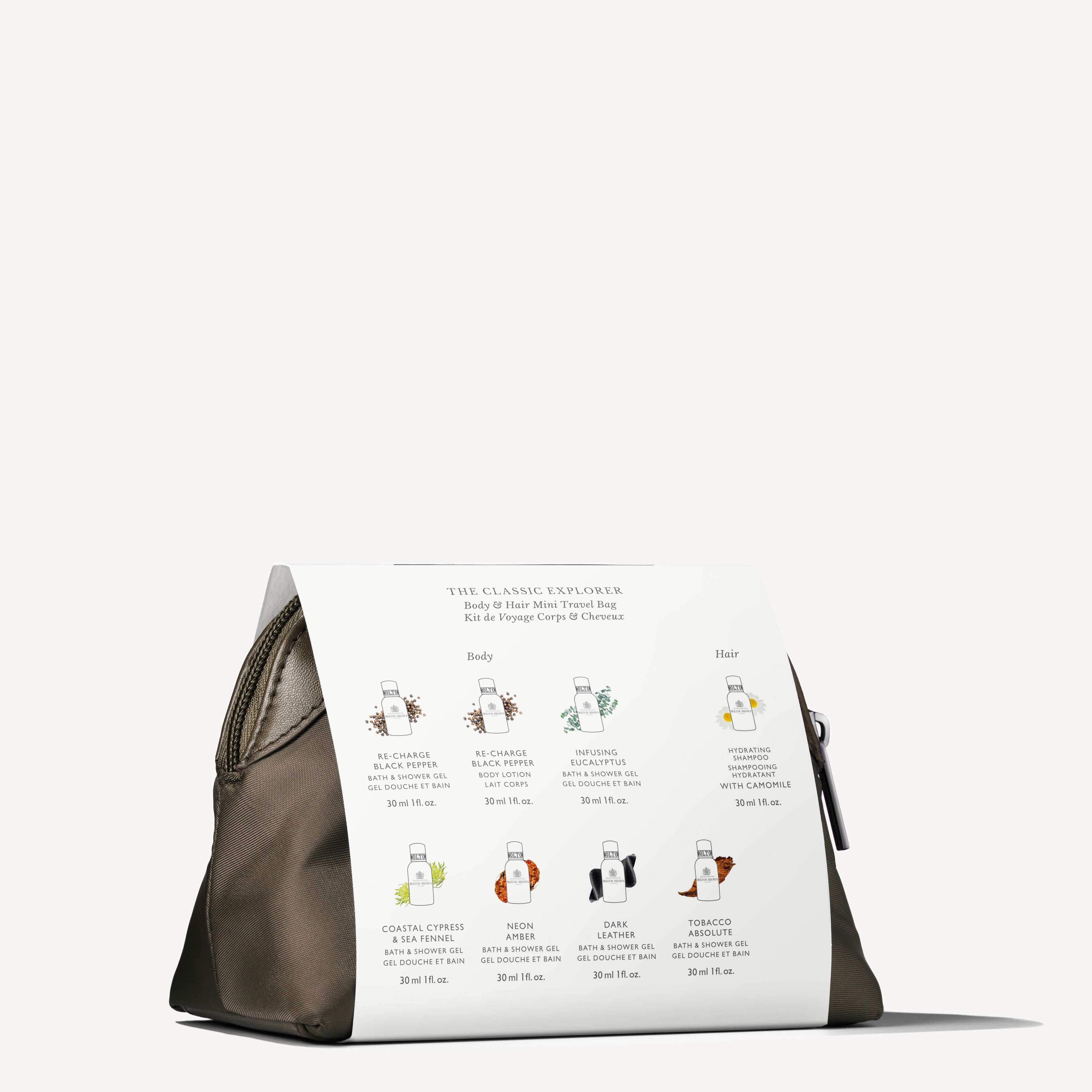 The Classic Explorer Body & Hair Mini Reistas by MoltonBrown Nederlands in khaki features a side zipper and holds a white card with illustrations and scent notes of eight bottles, neatly displayed in two columns.