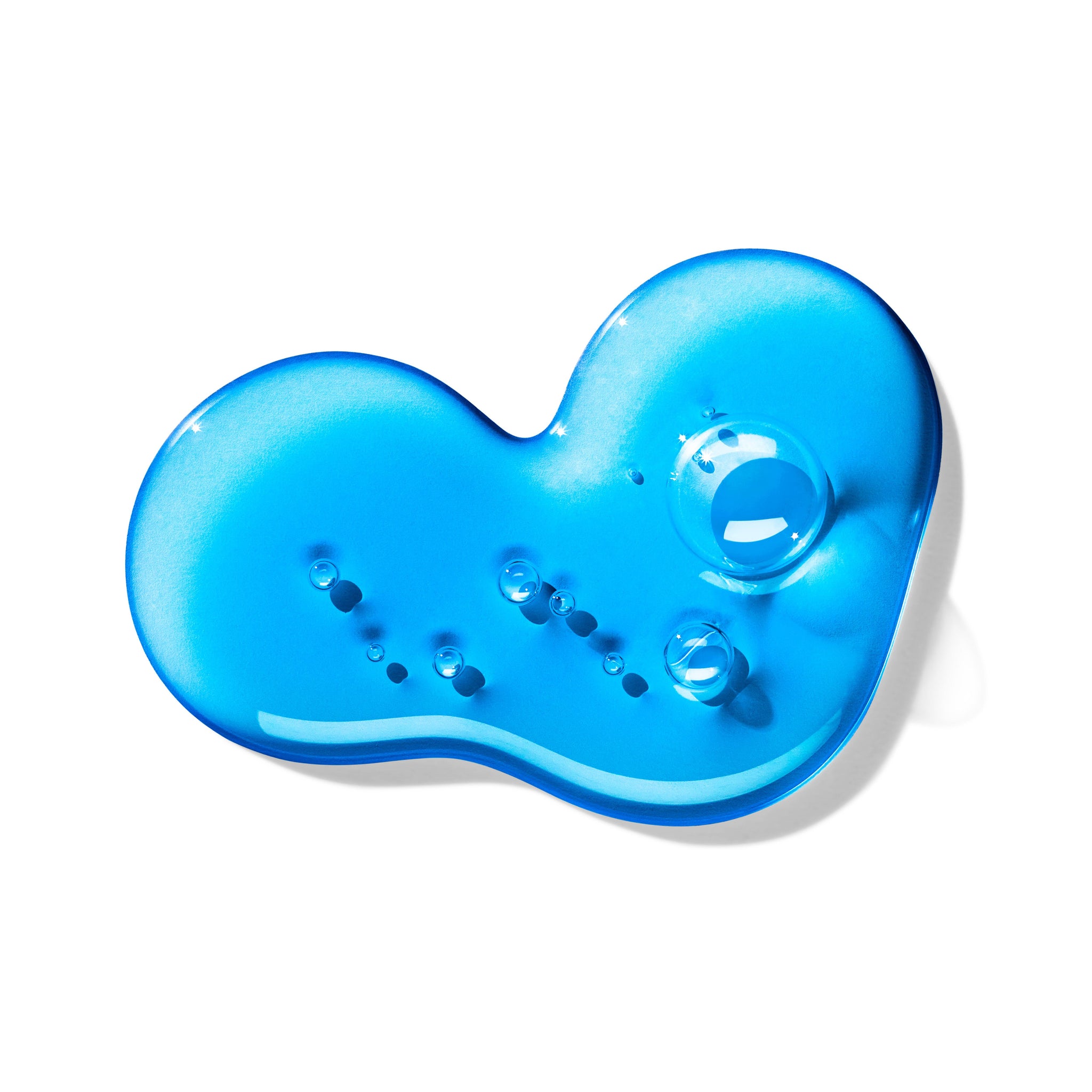 MoltonBrown Nederlands’ Blissful Templetree Bad- & Douchegel 300ml is a glossy, bright blue gel with small and large air bubbles, shaped irregularly and photographed on a white background.