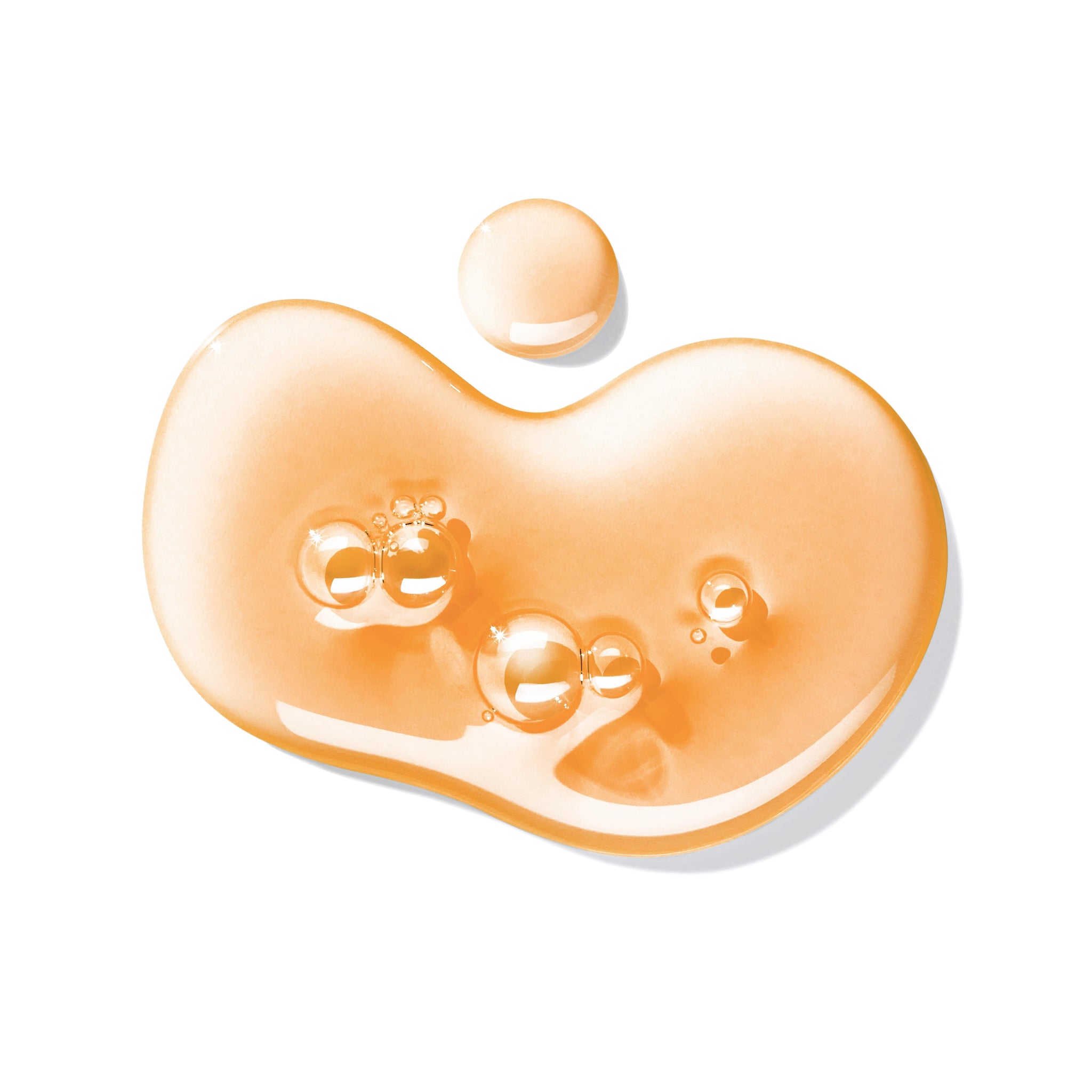A glossy, orange-tinted drop with air bubbles, evoking MoltonBrown Nederlands Re-charge Black Pepper Bad- & Douchegel 300ml, forms an irregular rounded shape with a smaller drop above it on a white background.