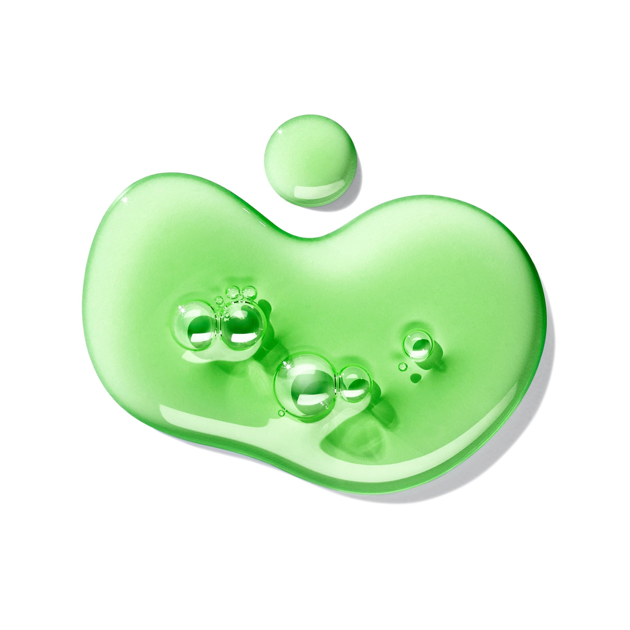 A blob of shiny green Infusing Eucalyptus Bad- & Douchegel by MoltonBrown Nederlands, dotted with air bubbles, rests on a white background. Its smooth, organic shape and nearby droplet evoke the freshness of botanical extracts.
