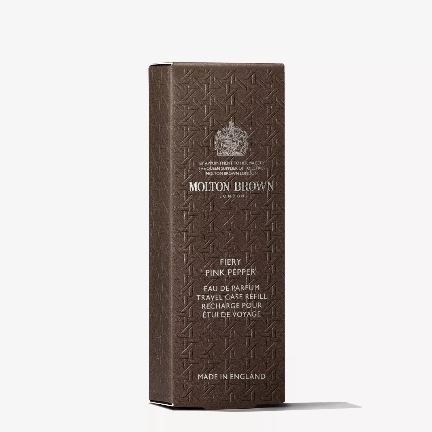 A rectangular, brown, textured box of MoltonBrown Nederlands Fiery Pink Pepper Perfumed Soap 150g with silver text and a crest stands upright on a white background.