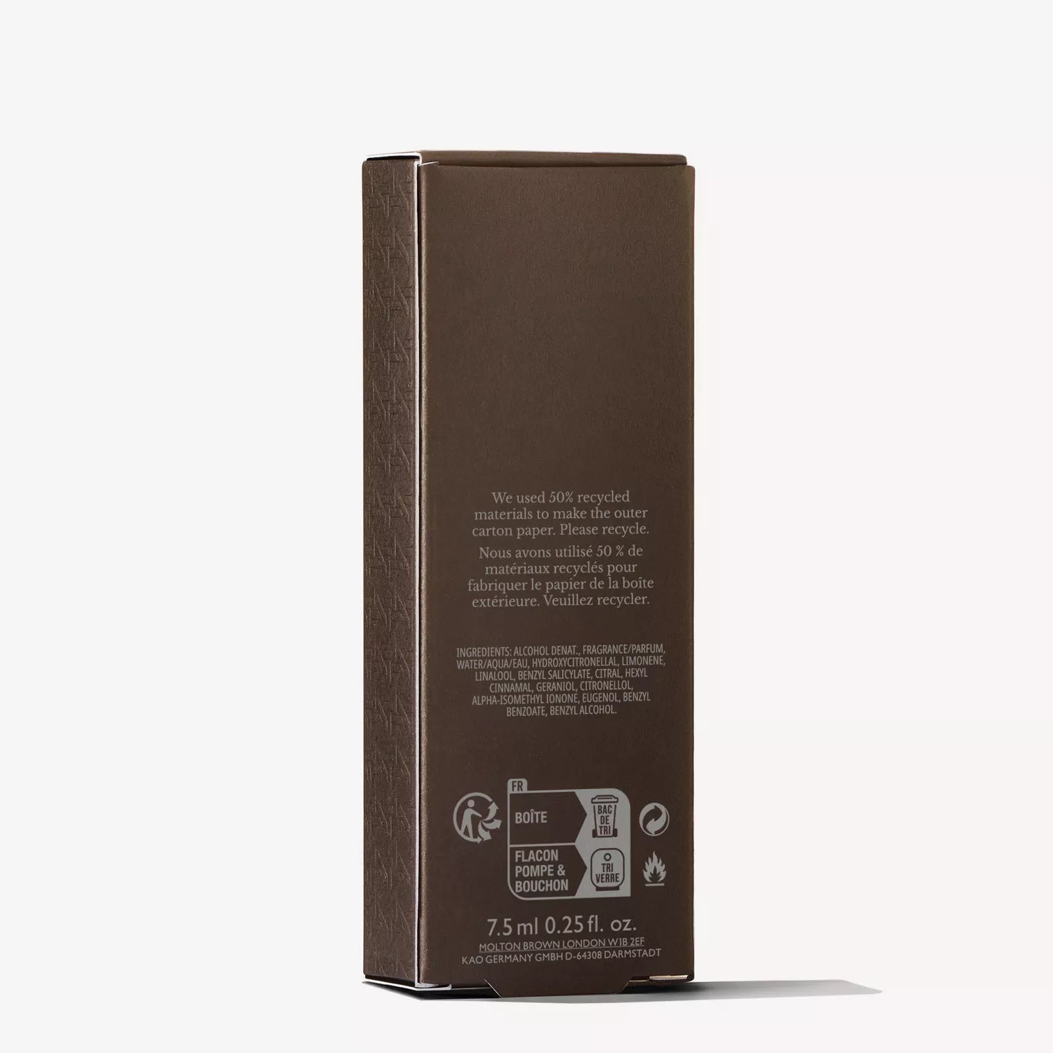A brown rectangular MoltonBrown Nederlands Fiery Pink Pepper Perfumed Soap 150g box stands upright, showing English and French text about 50% recycled materials, recycling symbols, ingredients with sheaboter, and a 150g label at the bottom.