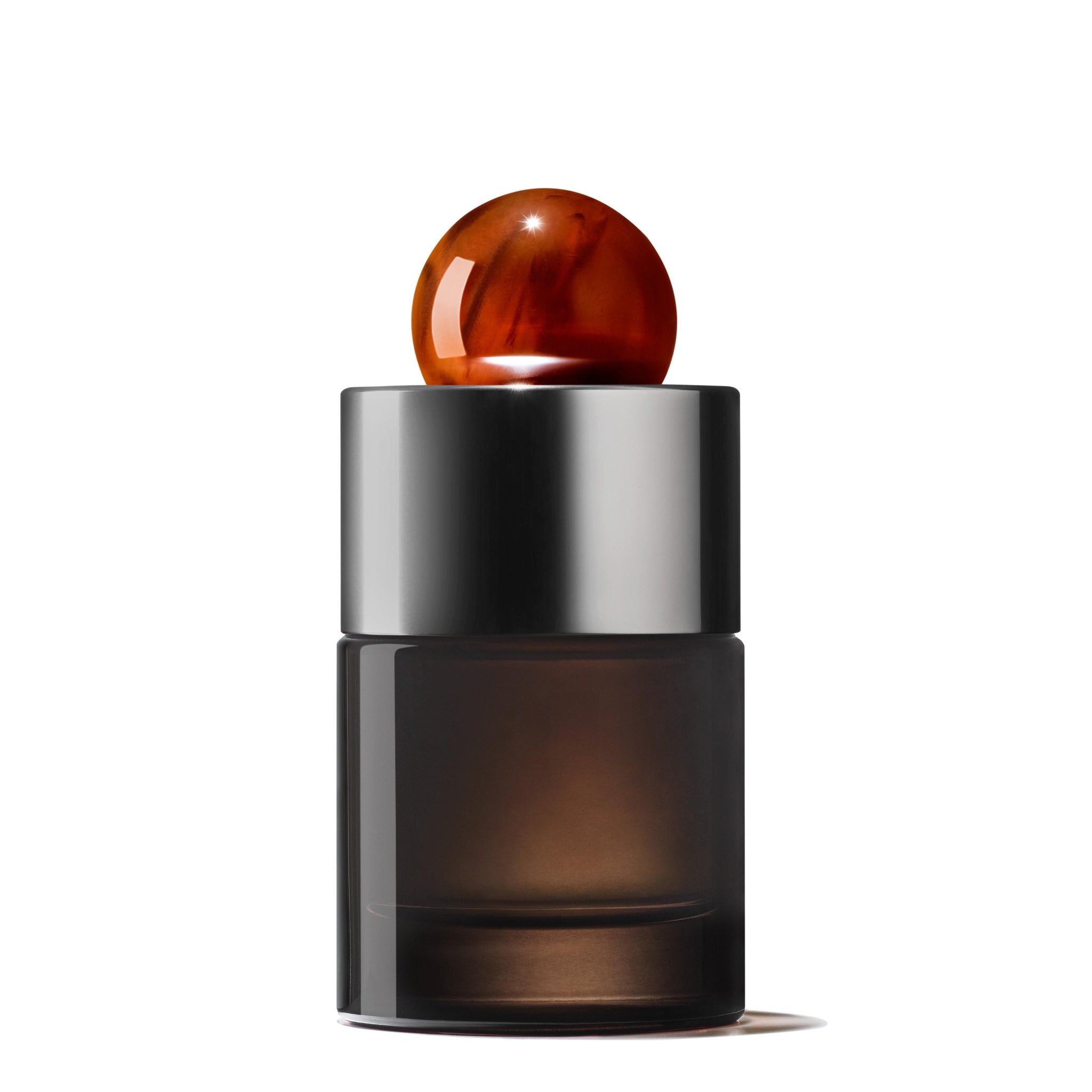 The MoltonBrown Nederlands Neon Amber Eau de Parfum 100ml features a sleek dark glass bottle with a shiny metallic cap and round amber top, evoking tonkaboon notes, photographed against a white background.
