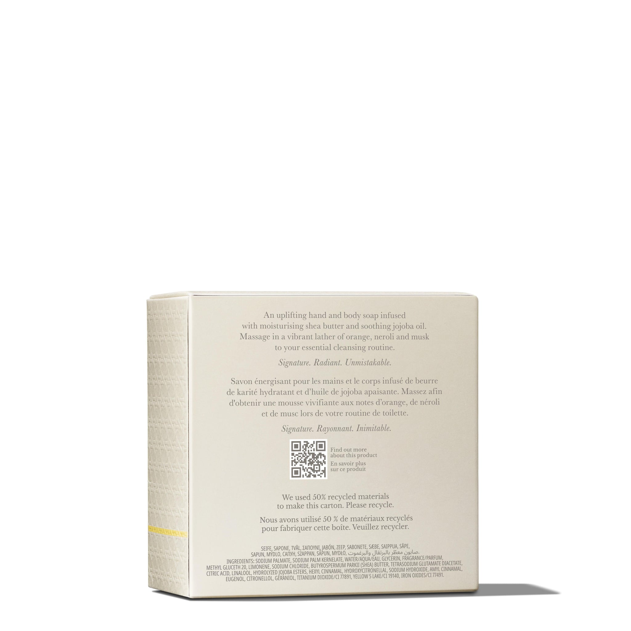 A beige box of MoltonBrown Nederlands Orange & Bergamot Perfumed Soap 150g is shown from the back, displaying product details, instructions, a QR code, and packaging that highlights recycled materials and natuurlijke oliën for gentle care.
