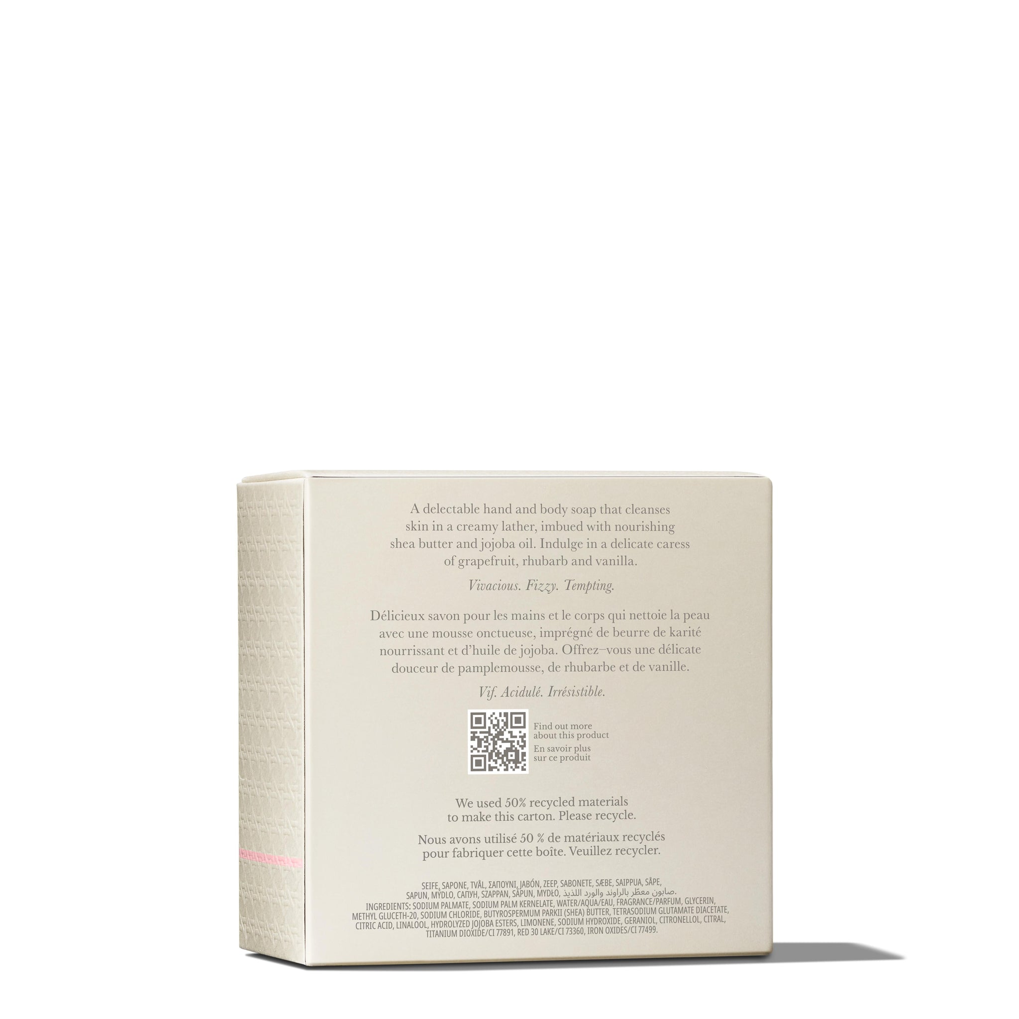 A beige box of MoltonBrown Nederlands' Rose Dunes Bodylotion 300ml is shown against a white background, featuring English and French text about its scent and sustainable packaging printed on one side.