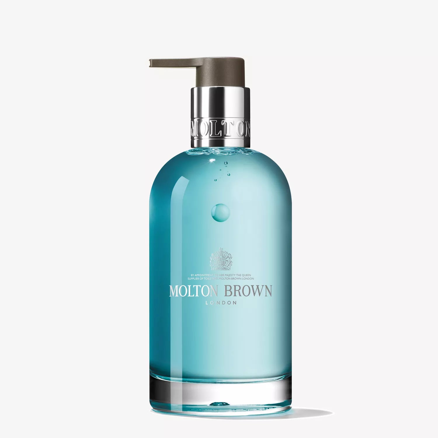 A clear blue MoltonBrown Nederlands Coastal Cypress & Sea Fennel Vloeibare Handzeep in a 200ml glass pump bottle with silver dispenser and label, shown against a plain white background.