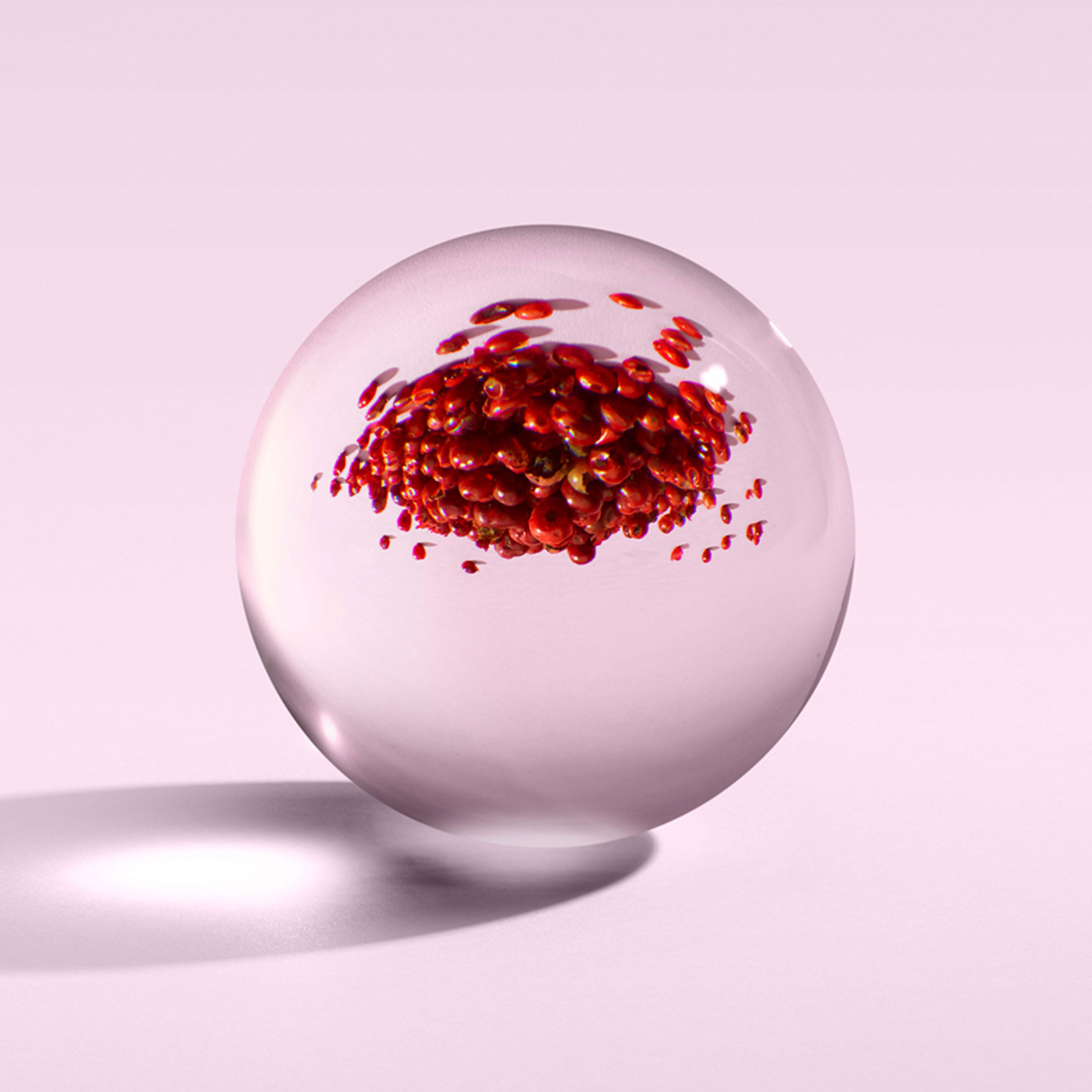 A clear glass sphere filled with roze peper en gember berries rests on light pink, casting a soft shadow—berries' forms distorted through the glass evoke the scent of Fiery Pink Pepper Bad- & Douchegel Navulling 400ml by MoltonBrown Nederlands.