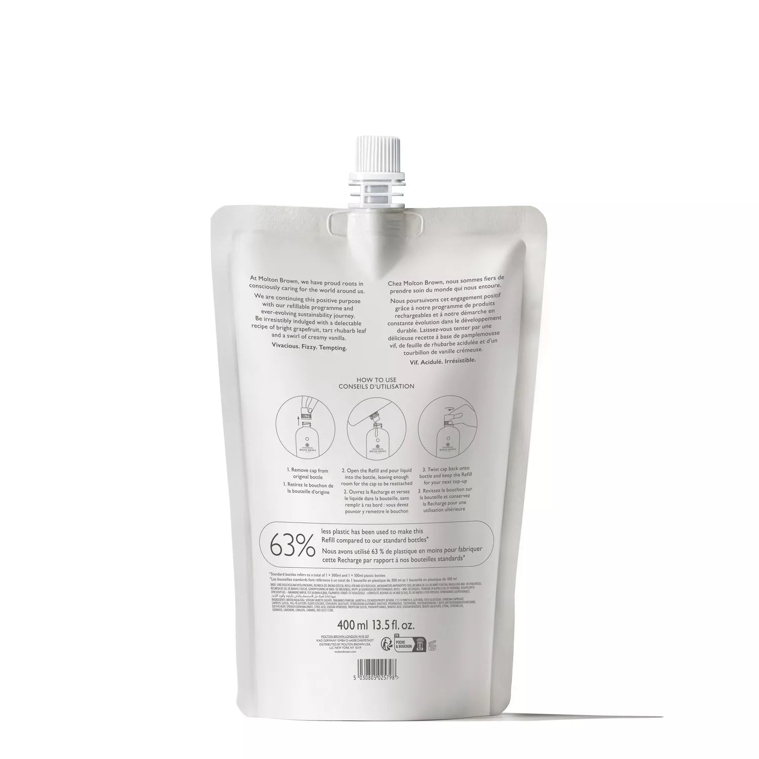 The MoltonBrown Nederlands Delicious Rhubarb & Rose Bad- & Douchegel Navulling is a 400 ml pouch with spout, showing instructions and details in black text on the back, and is photographed against a white background.