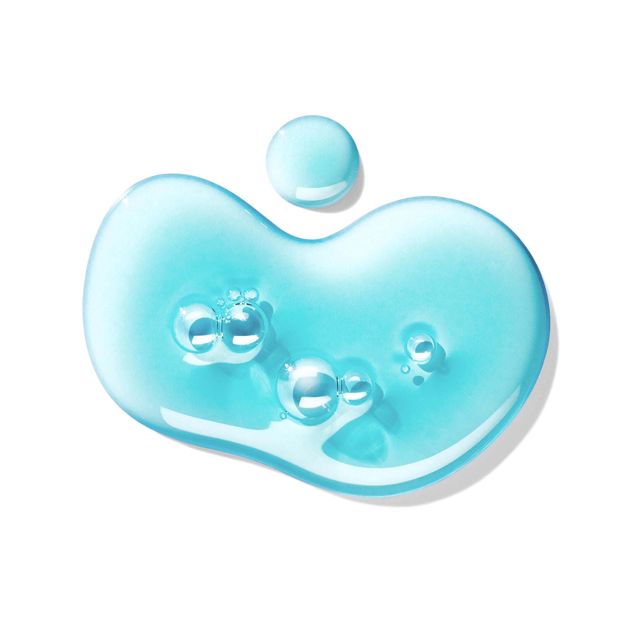 A pool of translucent blue gel with bubbles and a droplet, on white—perfect for your daily routine. Ontdek MoltonBrown Nederlands Coastal Cypress & Sea Fennel Bad- & Douchegel Navulling 400ml voor een duurzame navulling.