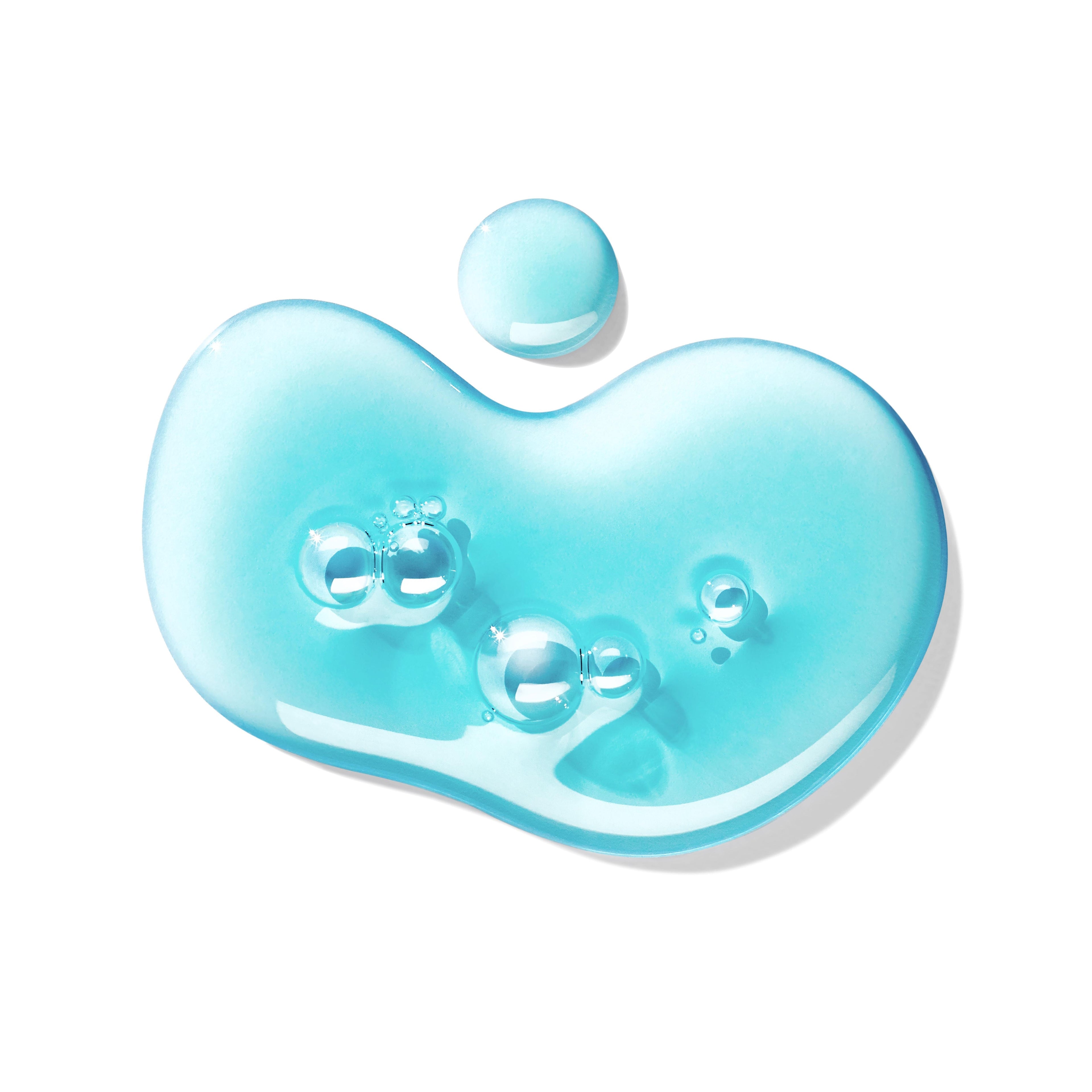 A pool of translucent blue gel with bubbles and a droplet, on white—perfect for your daily routine. Ontdek MoltonBrown Nederlands Coastal Cypress & Sea Fennel Bad- & Douchegel Navulling 400ml voor een duurzame navulling.