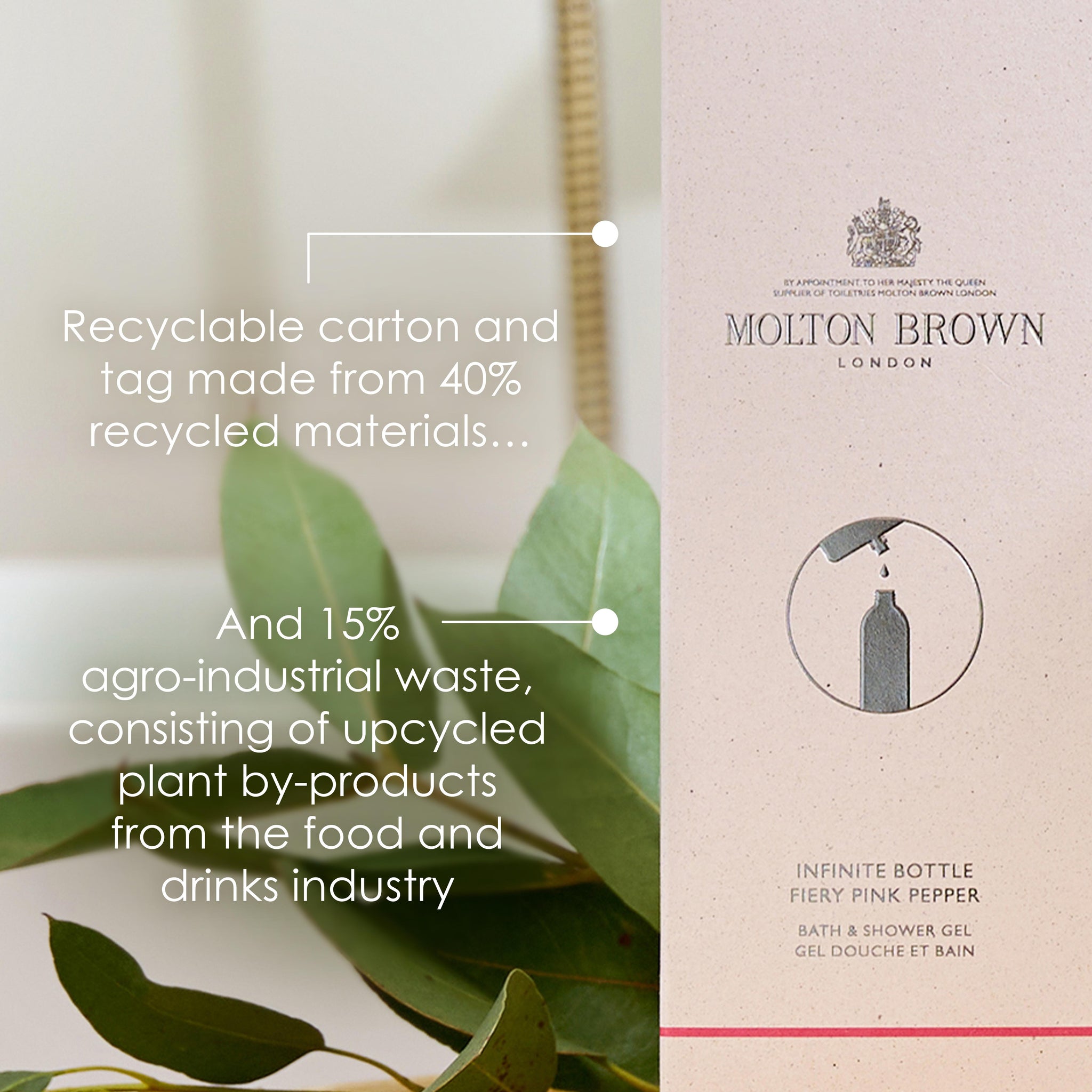 A MoltonBrown Nederlands box with eco-friendly messaging: the recyclable carton and tag are made from 40% recycled materials and 15% upcycled plant by-products—ideal for your Re-charge Black Pepper Navulbare Fles 400ml.