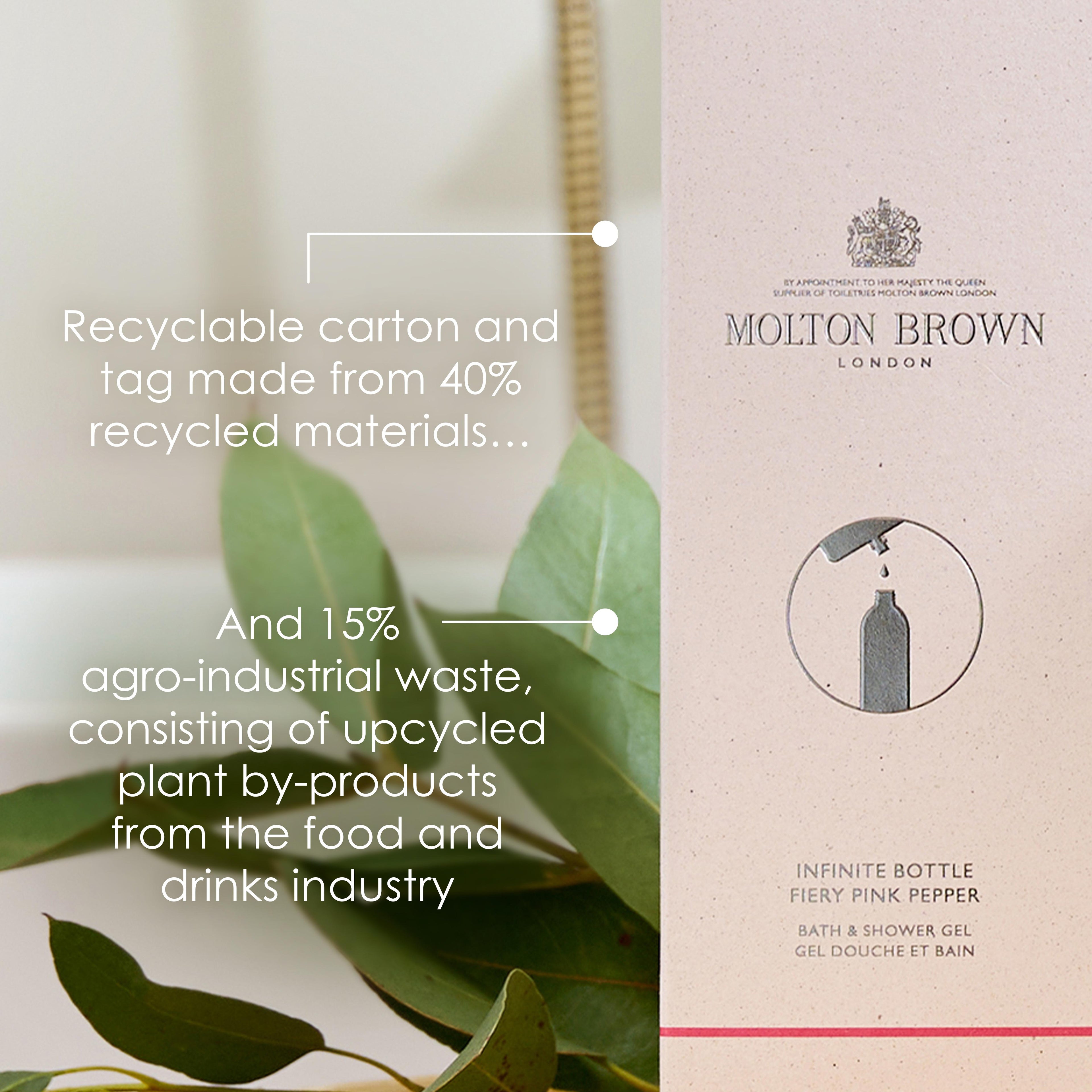 A MoltonBrown Nederlands Coastal Cypress & Sea Fennel Navulbare Fles 400ml box sits by green leaves, showing eco-friendly features—40% recycled materials and 15% upcycled waste. Enjoy aromatische bad- & douchegel in a gerecycleerde aluminium fles.
