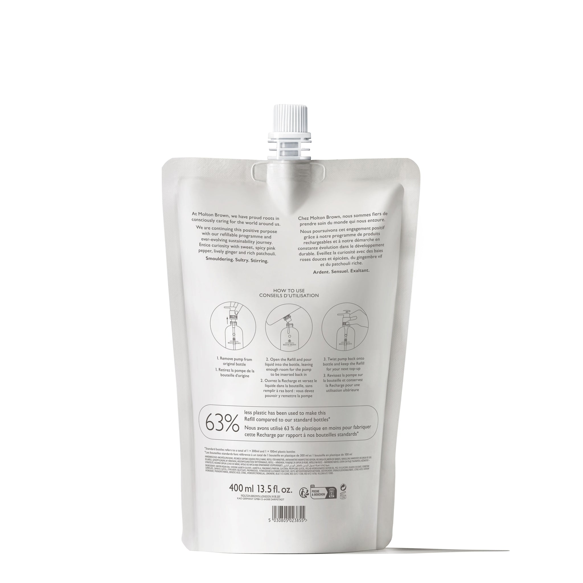 The Molton Brown Nederlands Fiery Pink Pepper Vloeibare Handzeep Navulling 400ml comes in a white refill pouch with spout cap, black text, and illustrated instructions—perfect for travel sizes and luxe verzorgingsproducten.