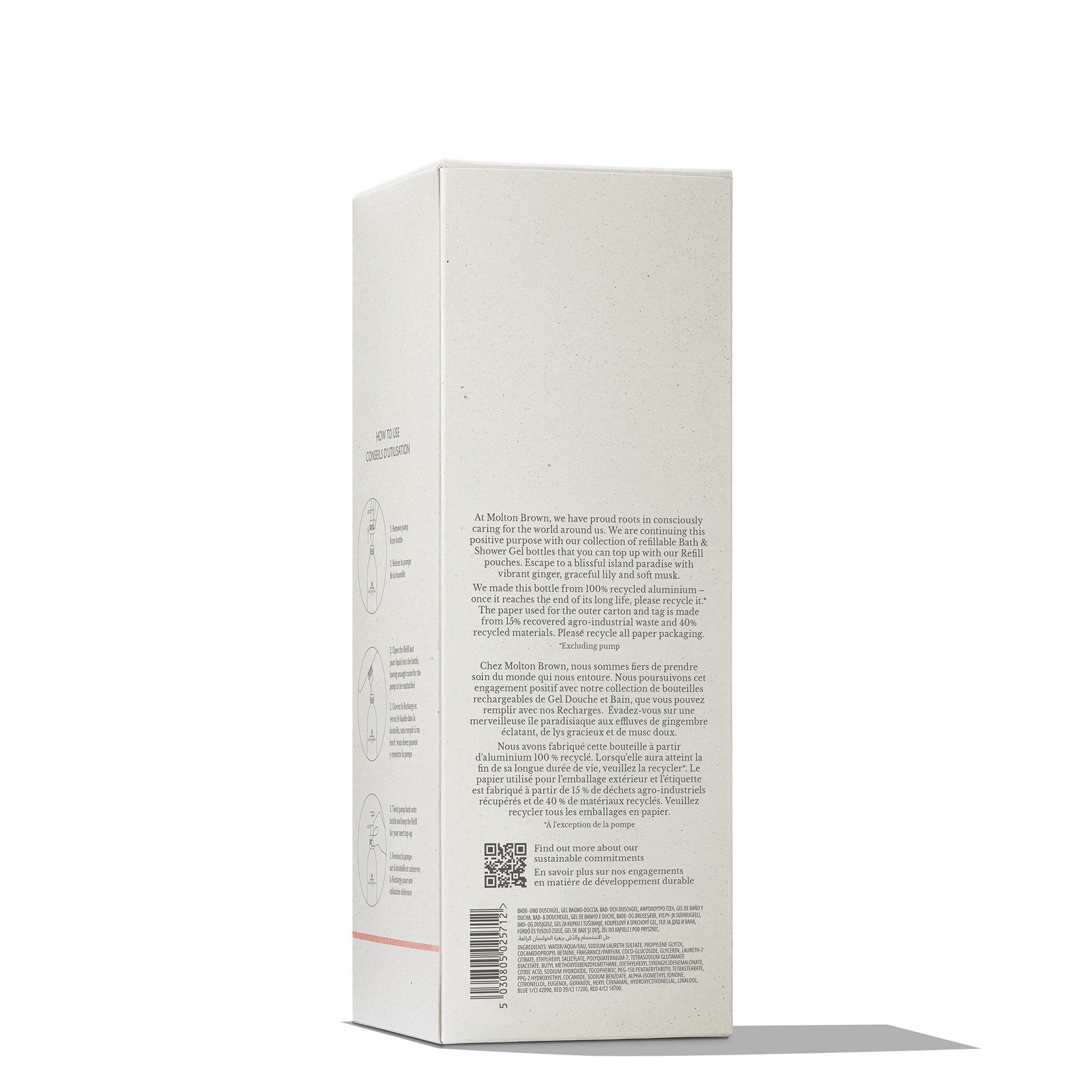 A tall, rectangular beige box of MoltonBrown Nederlands’ Heavenly Gingerlily Navulbare Fles stands upright against a white background, its minimalist design and subtle black text evoke luxe reisformaat verzorging. A thin red line accents the bottom edge.