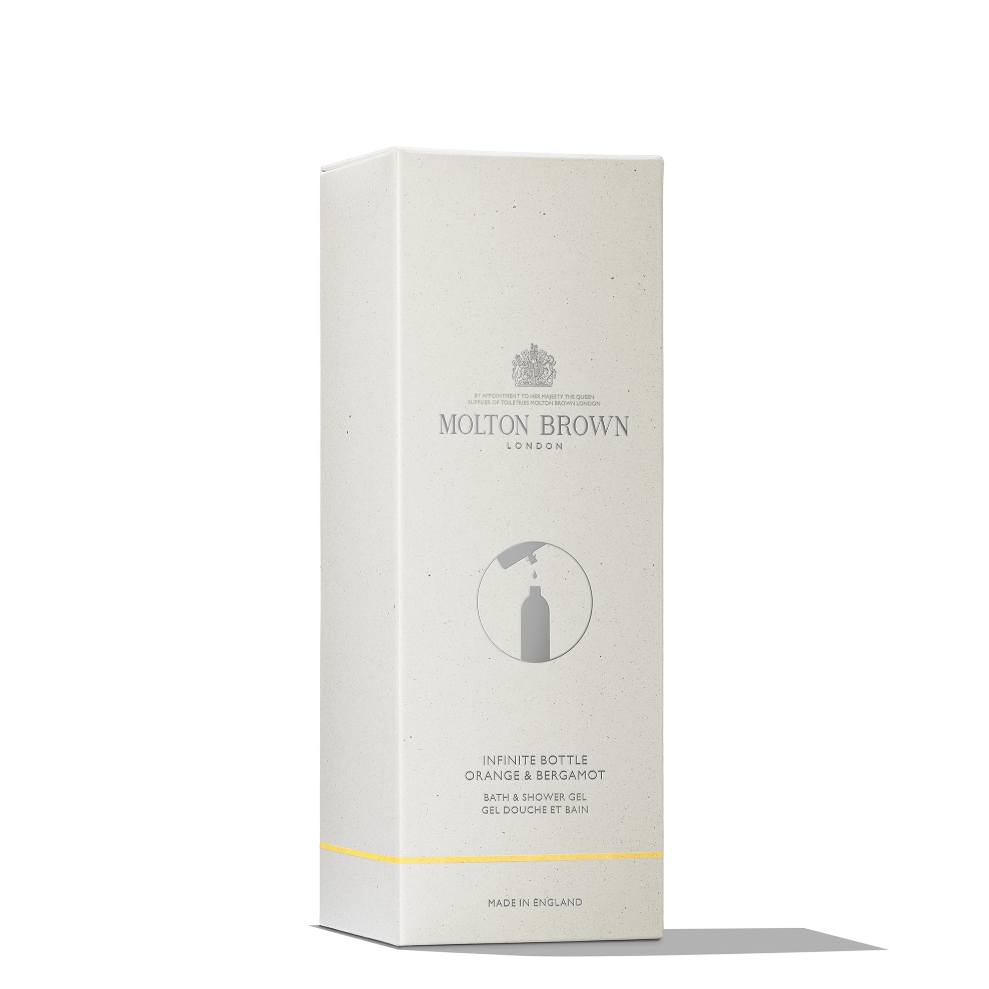 A rectangular, light beige MoltonBrown Nederlands Orange & Bergamot Navulbare Fles in reisformaat met een minimalistisch ontwerp en grijze tekst—ideaal voor je reistas of verzorgingsproducten.