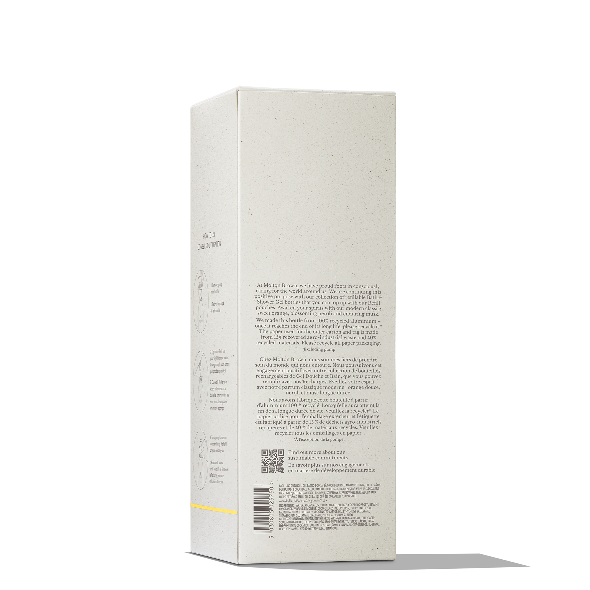 A beige, rectangular MoltonBrown Nederlands Orange & Bergamot Navulbare Fles box with text, icons, yellow accent lines, and a QR code stands upright on a white background, showcasing luxe verzorgingsproducten in handige reisformaten.