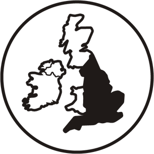 Black and white outline map showing Great Britain and Ireland inside a circle, with the landmasses depicted in solid black and outlined shapes.