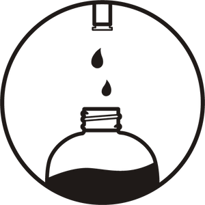 A black and white icon of two drops falling from a nozzle into the opening of a round bottle partly filled with liquid, all enclosed within a circle.